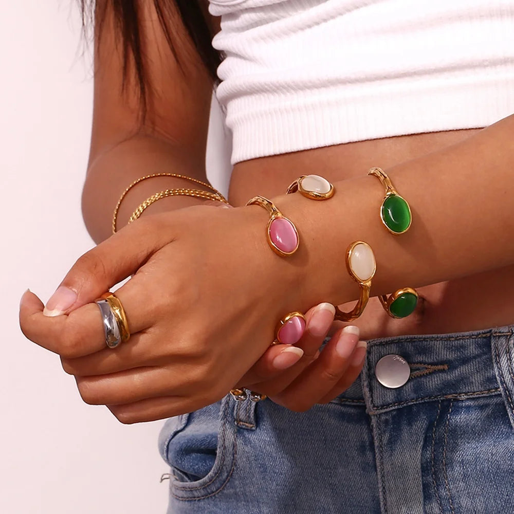 Dreamshow Oval Natural Stone Open Cuff Bangle Vintage Gemstone Gold Plated Jewelry Waterproof Stainless Steel Bangle
