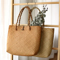 New Women Tote Bag Seagrass Woven Basket Bag Shoulder Travel Beach Straw Handbag