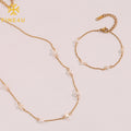 Dainty Ensemble Bijoux Fashion Women Stainless Steel Gold Plated Necklace Bracelet Freshwater Pearl Set Jewelry