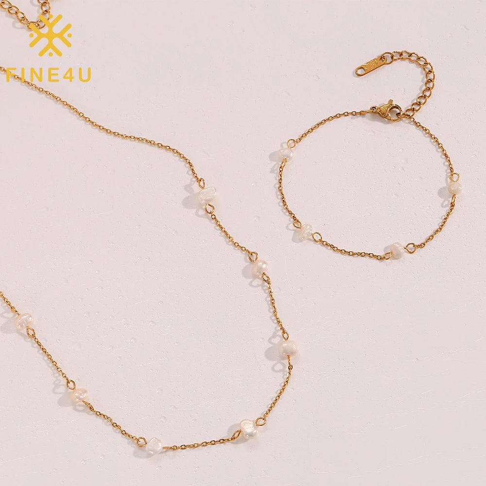 Dainty Ensemble Bijoux Fashion Women Stainless Steel Gold Plated Necklace Bracelet Freshwater Pearl Set Jewelry