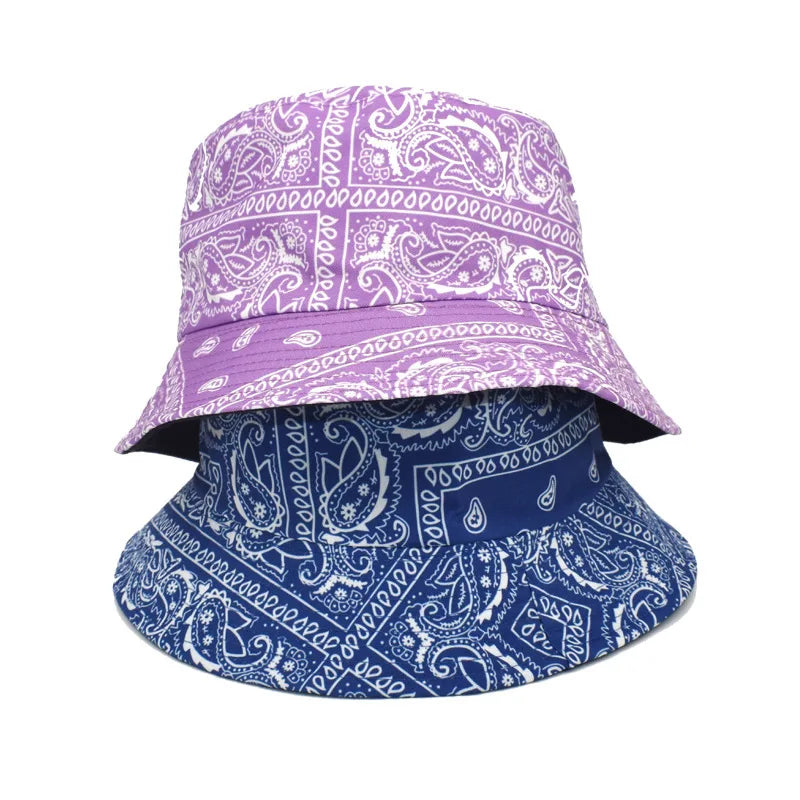 Ethnic Style Vintage Trendy Retro Cashew Flower Printed Fisherman Fashion Street Shade Double-Sided Sun Protection Bucket Hat