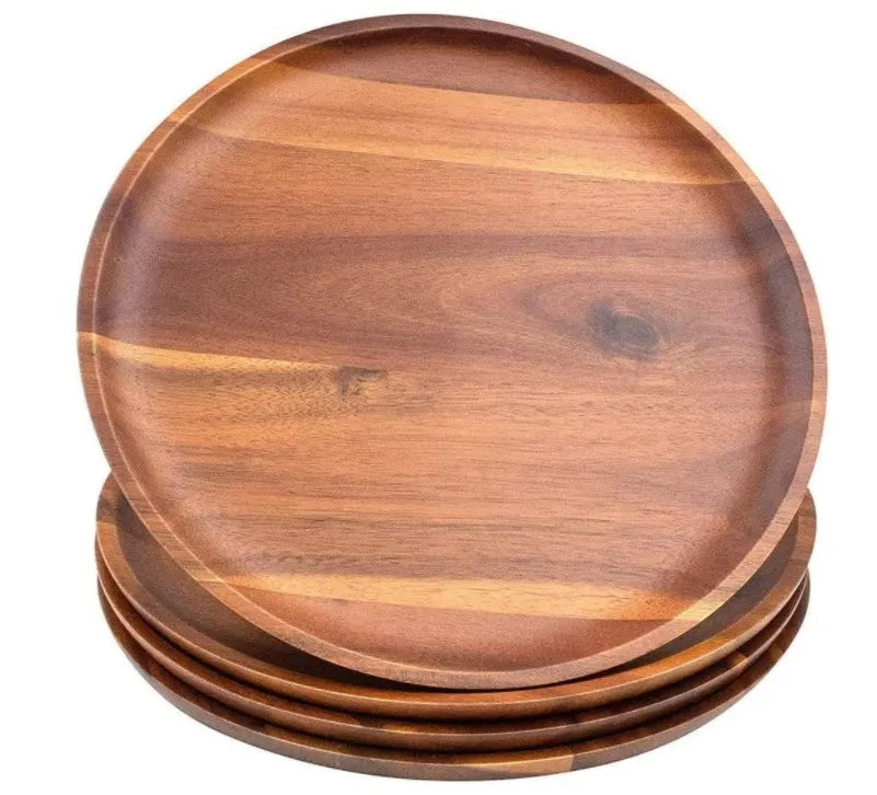 Set of 4 Acacia Wood Dinner Plates 11Inch Round Wood Plates Set for Food  Easy Cleaning & Lightweight for Dishes Snack Dessert