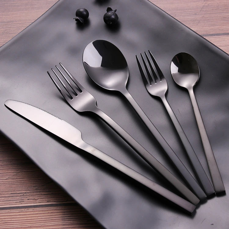 Hot Selling Modern Eco-Friendly Matte Black Stainless Steel Flatware Set Laser Gold Fork Knife Spoon for Weddings