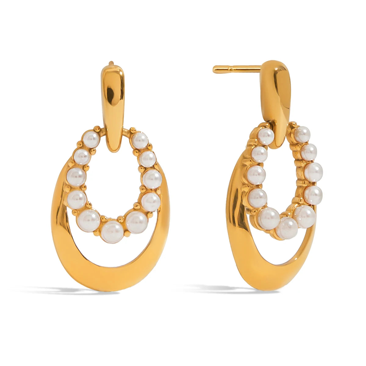 J&D Classic Style 18K Gold Plated Elegant Acrylic Pearl Movable Double Layers Oval Hollow Earrings