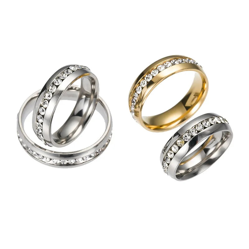 Hot Style Gold Plated Stainless Steel High-End Ring Individual Fashion Single Row with Diamond Inset