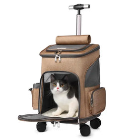 Luxury 4-Wheel Pet Stroller with Removable Wheeled Trolley Ventilation Window Storage Pocket Zipper Closure Cat Backpack Carrier