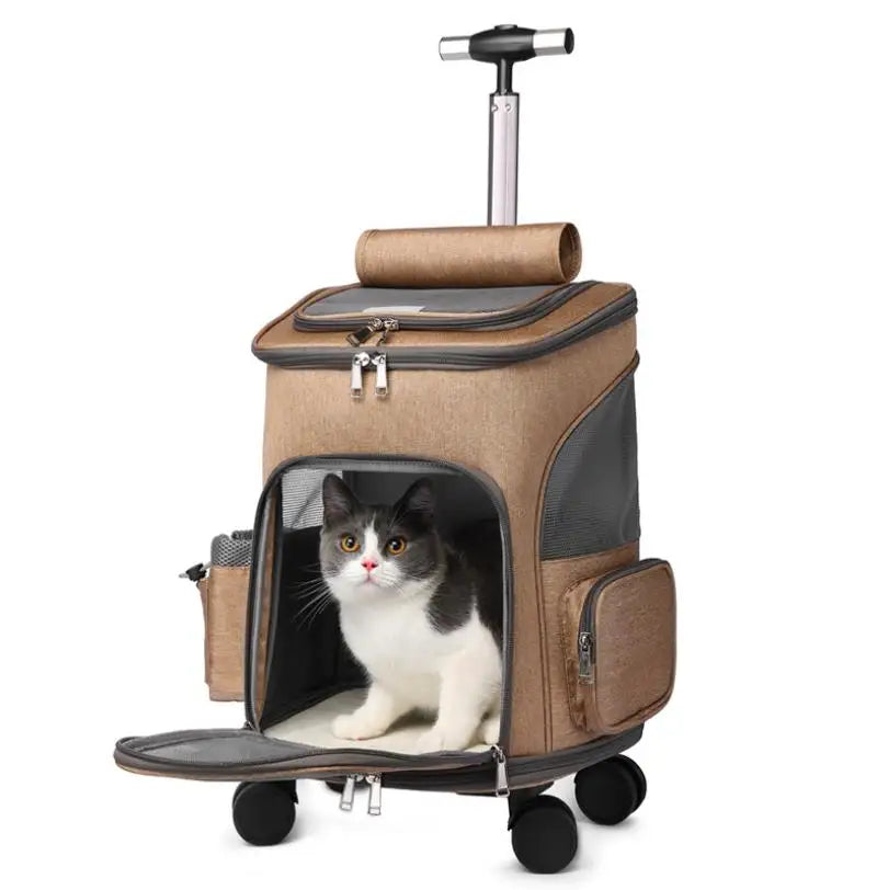 Luxury 4-Wheel Pet Stroller with Removable Wheeled Trolley Ventilation Window Storage Pocket Zipper Closure Cat Backpack Carrier MegaBDM