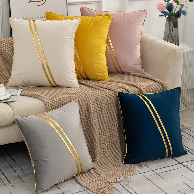 Handmade Velvet Cushion Covers With Golden Leather Stripe for Sofa/ MegaBDM