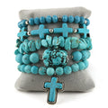 New 5pc Jewelry Irregular Pearl Zircon Charm Shell Bracelet Turquoise Cross Elastic Stack Bracelet Set