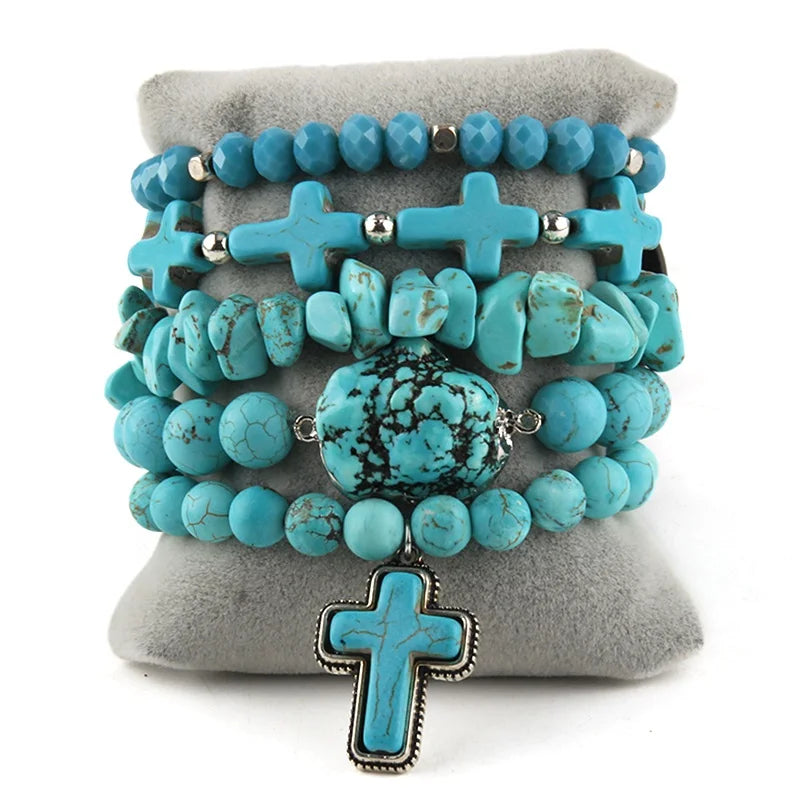 New 5pc Jewelry Irregular Pearl Zircon Charm Shell Bracelet Turquoise Cross Elastic Stack Bracelet Set