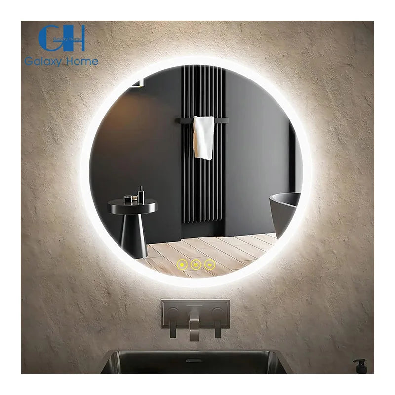Modern Hotel LED Bathroom Vanity Mirror with Aluminum Lenses Round Shape 3 Color Stepless Dimmable Lights