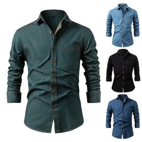 RNSHANGER 100% Cotton Men's Denim Shirt Trendy No Ironing Long Sleeve Casual Men's Wear Spring Autumn Shirts with Pocket