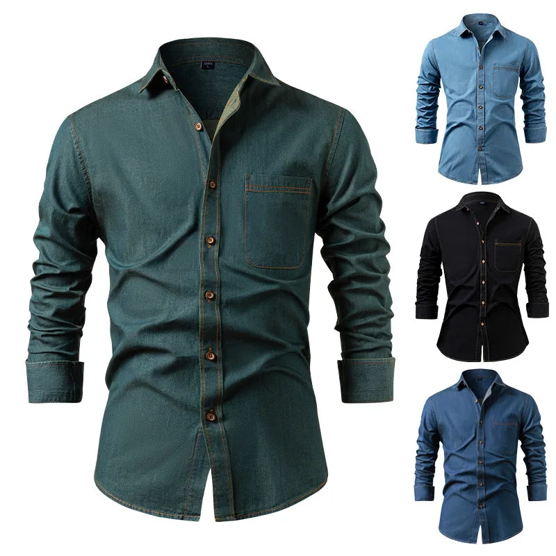 RNSHANGER 100% Cotton Men's Denim Shirt Trendy No Ironing Long Sleeve Casual Men's Wear Spring Autumn Shirts with Pocket
