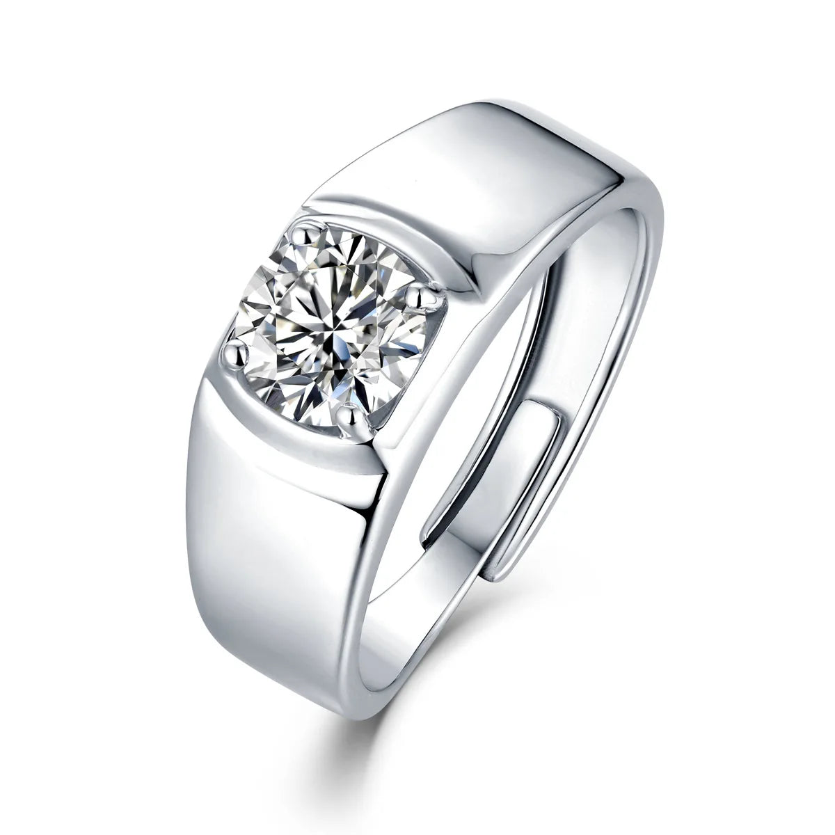 Adjustable Size Men's 925 Sterling Silver Ring with Round Brilliant Cut Moissanite Inlay Rhodium Plated Prong Set Stylish Design