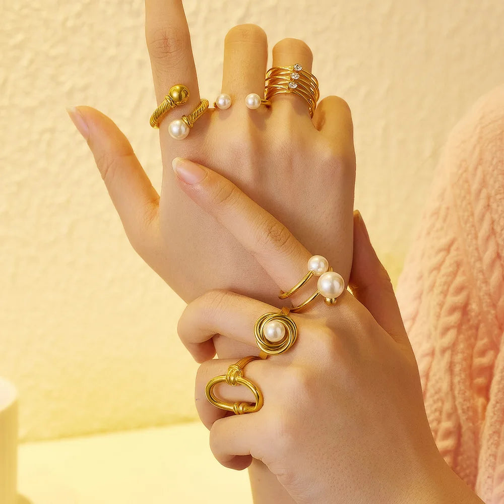 Hot Selling PVD 18K Gold Plated Ring Rhinestone Pearl Ring Stainless Steel Rings for Women