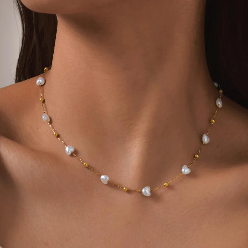 Trendy Luxury Quality Jewelry 18k PVD Gold Plated Waterproof Stainless Steel Heart Pearl Beads Necklace