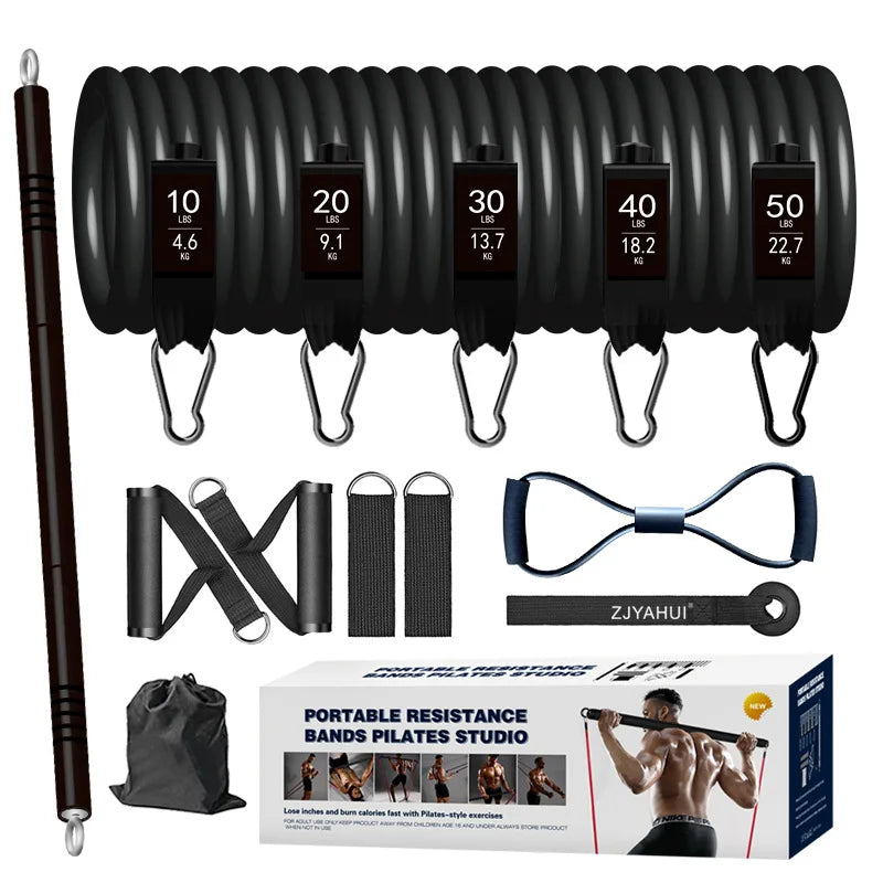 CHENGMO SPORTS Custom Tube Resistance Band Set Top Quality 150lbs Workout 100% Latex Resistance Bands Set 11pcs Pilates Bar Kit