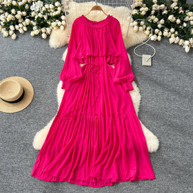 One Size Irregular Ruffle Edge Patchwork Dress Waist Cinched Round Neck Long Sleeved Dress