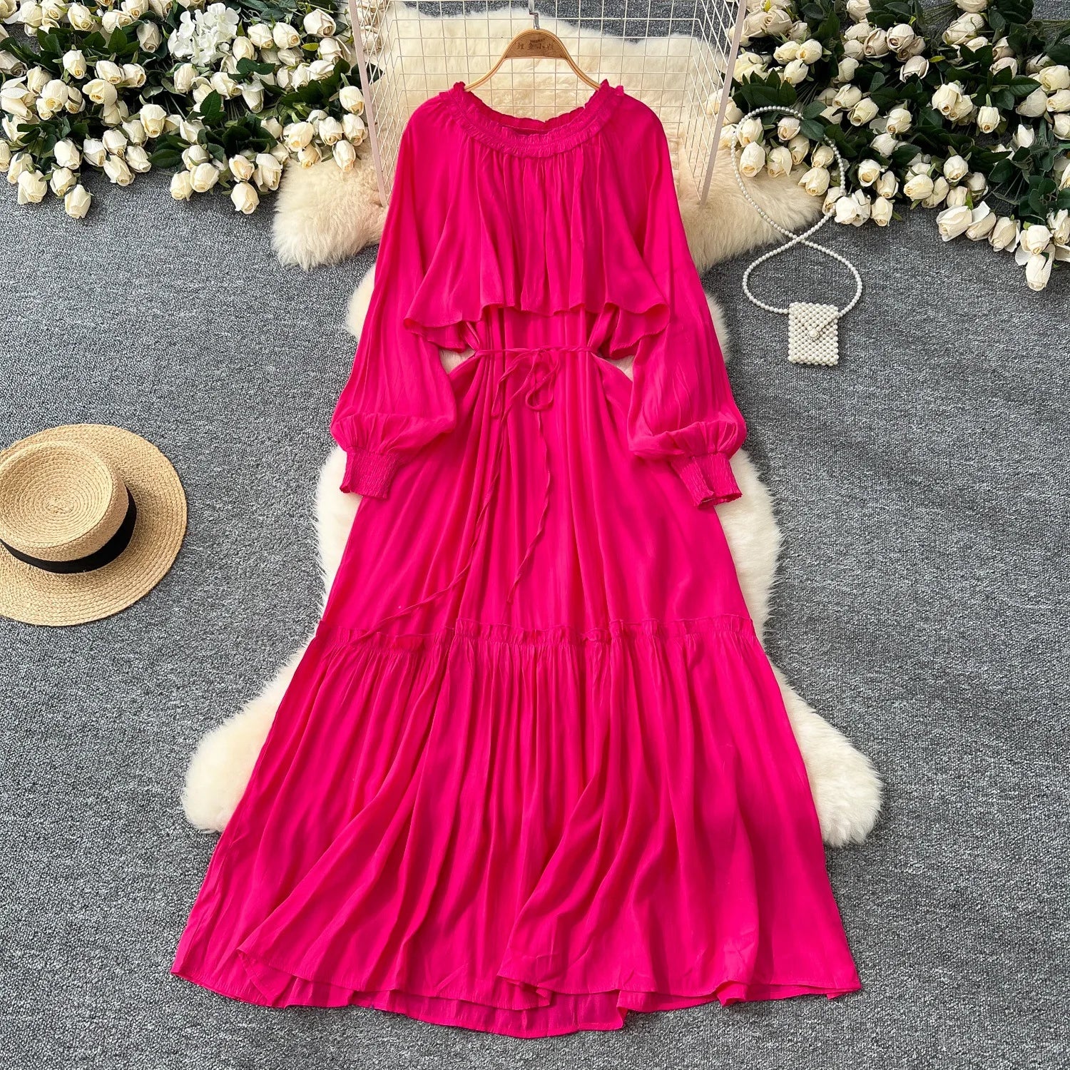 One Size Irregular Ruffle Edge Patchwork Dress Waist Cinched Round Neck Long Sleeved Dress