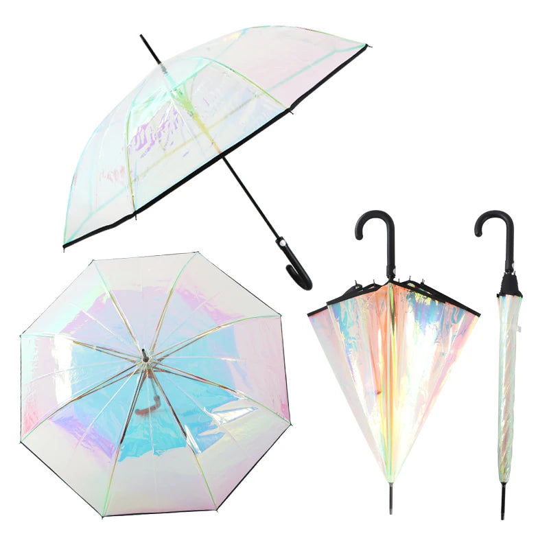 Fashion Lightweight Iridescent Rain Protection Hook Handle Auto Open Windproof Transparent Clear Straight Umbrellas for Women