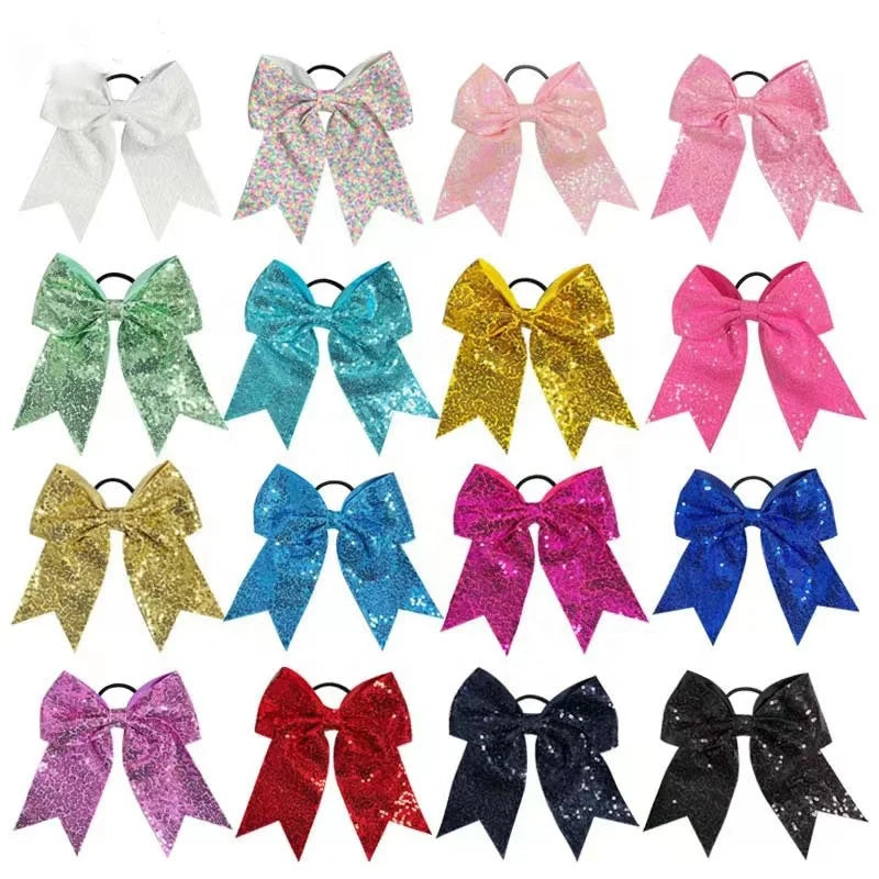 High Quality 8 Inch Sequins Glitter Cheerleader Hair Ties Big Bows Shiny Rainbow Hair Ring Rope Headband