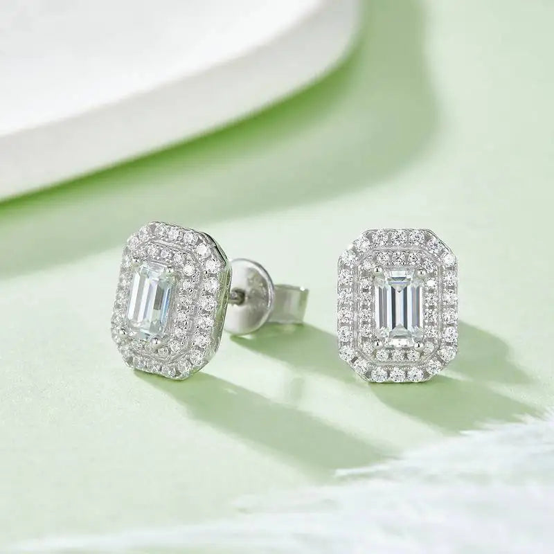 Fine Jewelry  Real Moissanite 925 Sterling Silver Emerald Cut Moissanite Diamond Wedding Stud Earring for Women