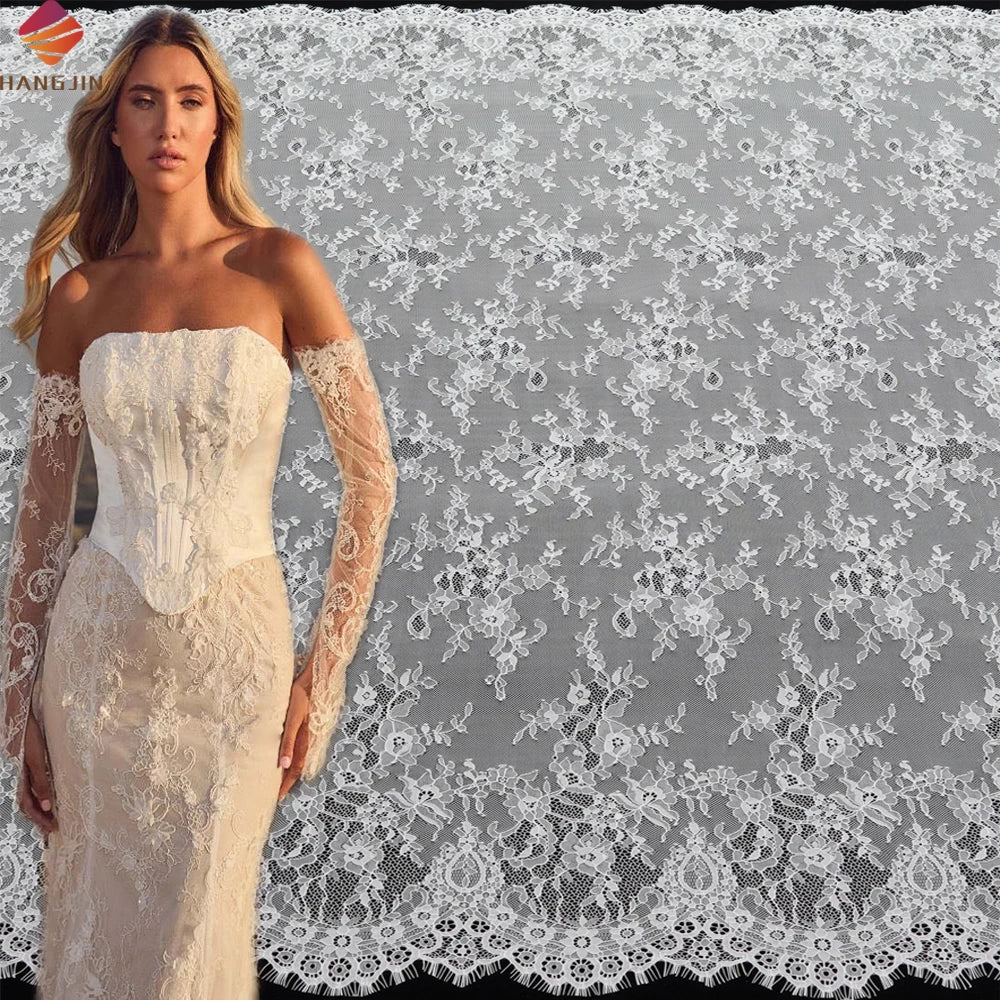 Ivory White 3 Meters Length 3D Floral French Lace Fabric with Double Side Eyelash Edges Chantilly Lace Fabric for Wedding Dress