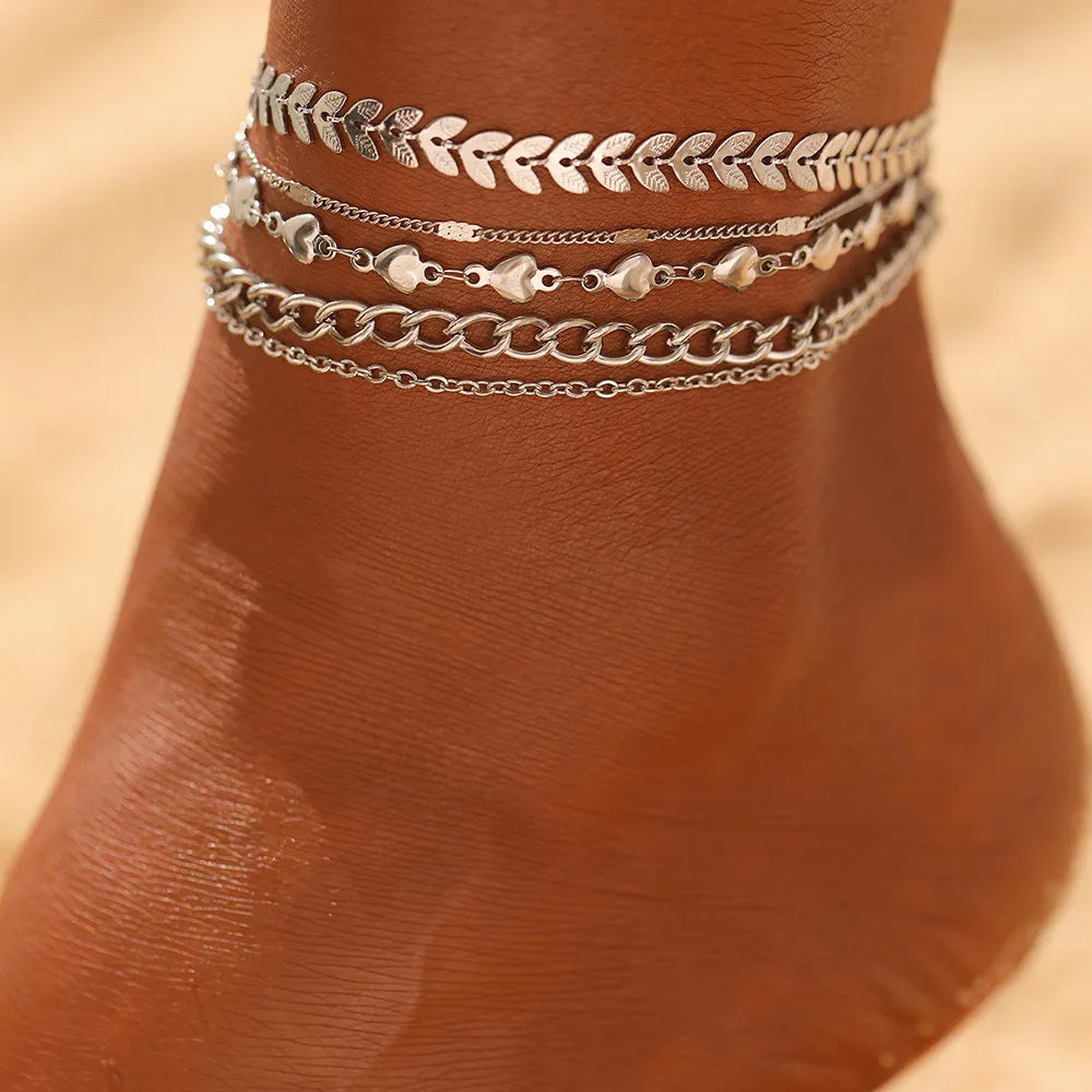 2025 Fashion 5 Layers Heart Anklet Set Stainless Steel Anklet 18K Gold Plated Chain Anklet Beach Party Jewelry Gift for Women