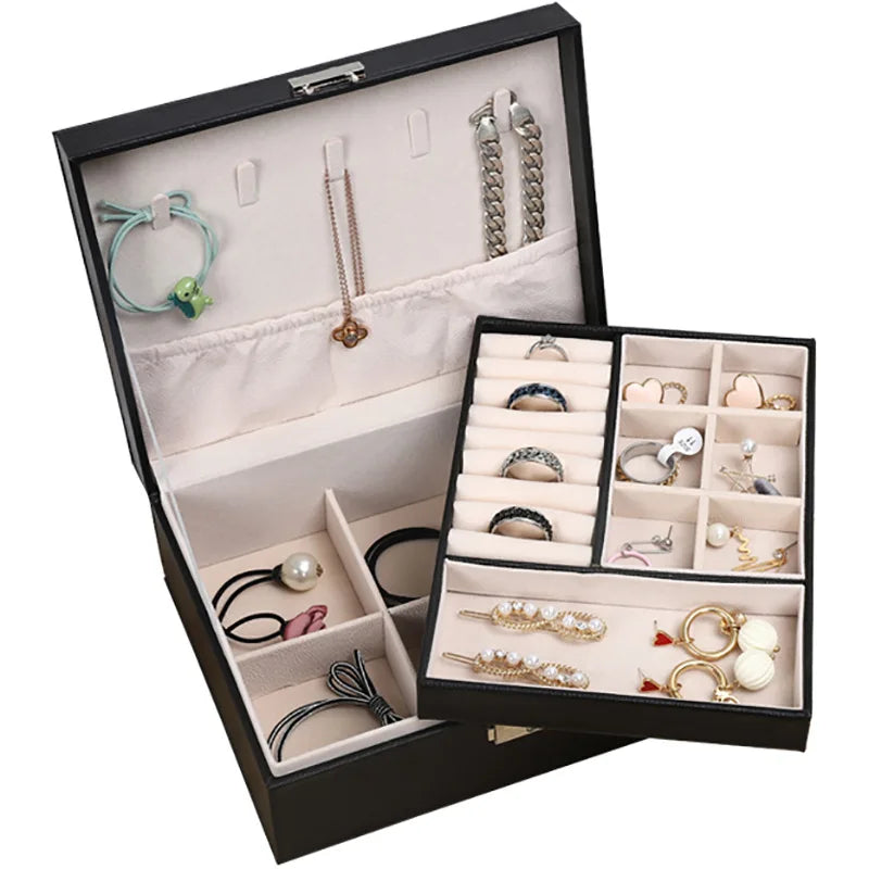 Fashion Double Layers Jewelry Storage Box Pu Jewelry Organizer Square Jewelry Organizers Boxes