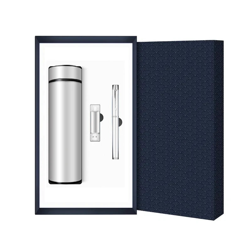 Advertisement Vacuum Flask & Metal Pen & Usb Flash Drive Business Gift Set 3 in 1 Modern Promotional Gift Set Items
