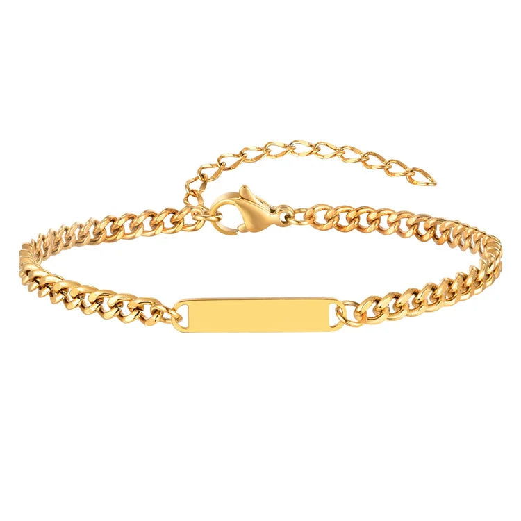 Bijoux En Acier Inoxydable Engraved logo Name Gold Plated Blank Charm Cubans Chain  Bracelets for Women