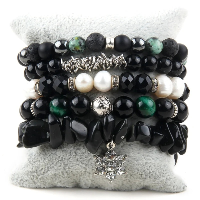 Fashion Ethnic Jewelry Natural Stone Crystal Glass Bracelet Buddha Skull Head Stack Bead Alloy Elephant Pendant Bracelets Set