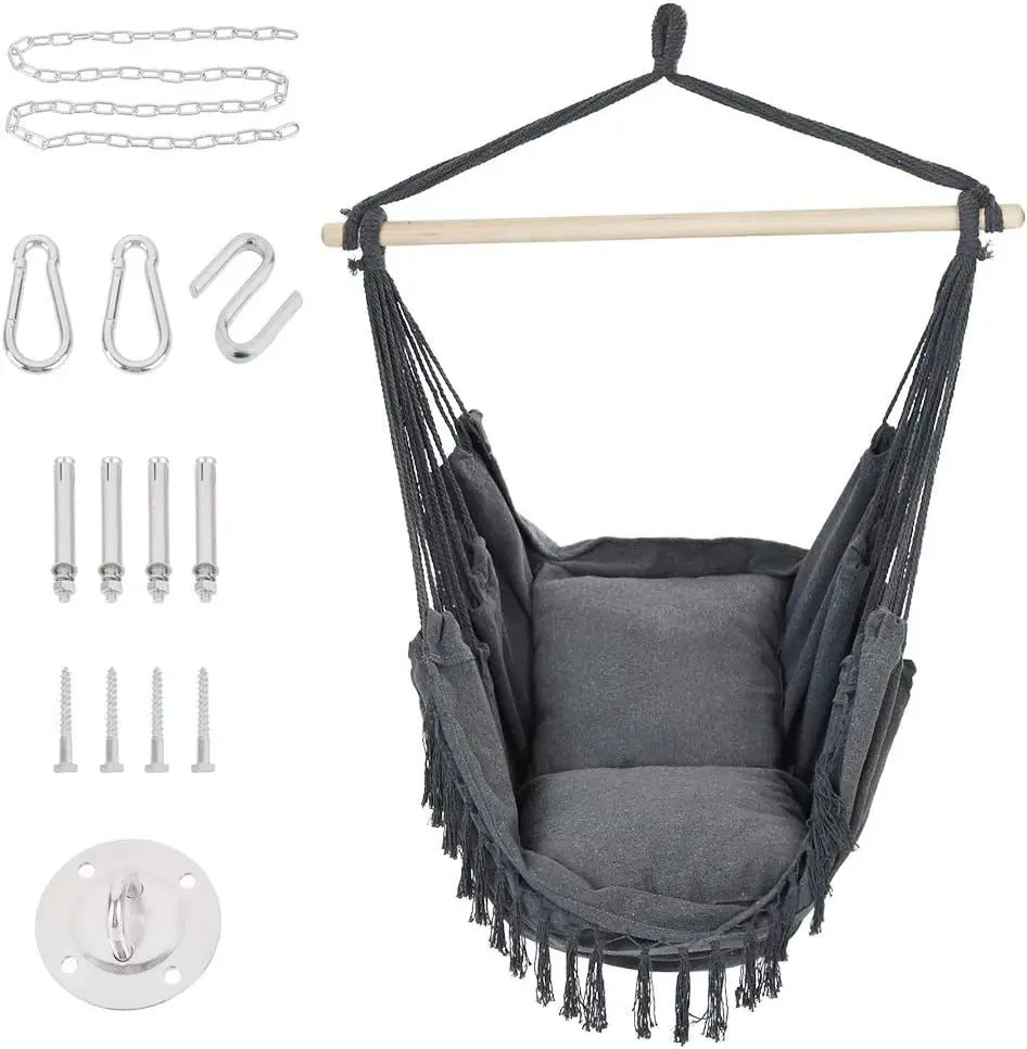 Woqi Oversize Hammock Chair Hanging Rope Swing Seat with 2 Cushions and Hardware Kits  for Indoor Outdoor Home Bedroom