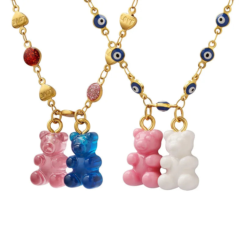 New Design Women Jewelry Stainless Steel Waterproof Chain Necklace Cute Little Bear Necklace Eye Necklace