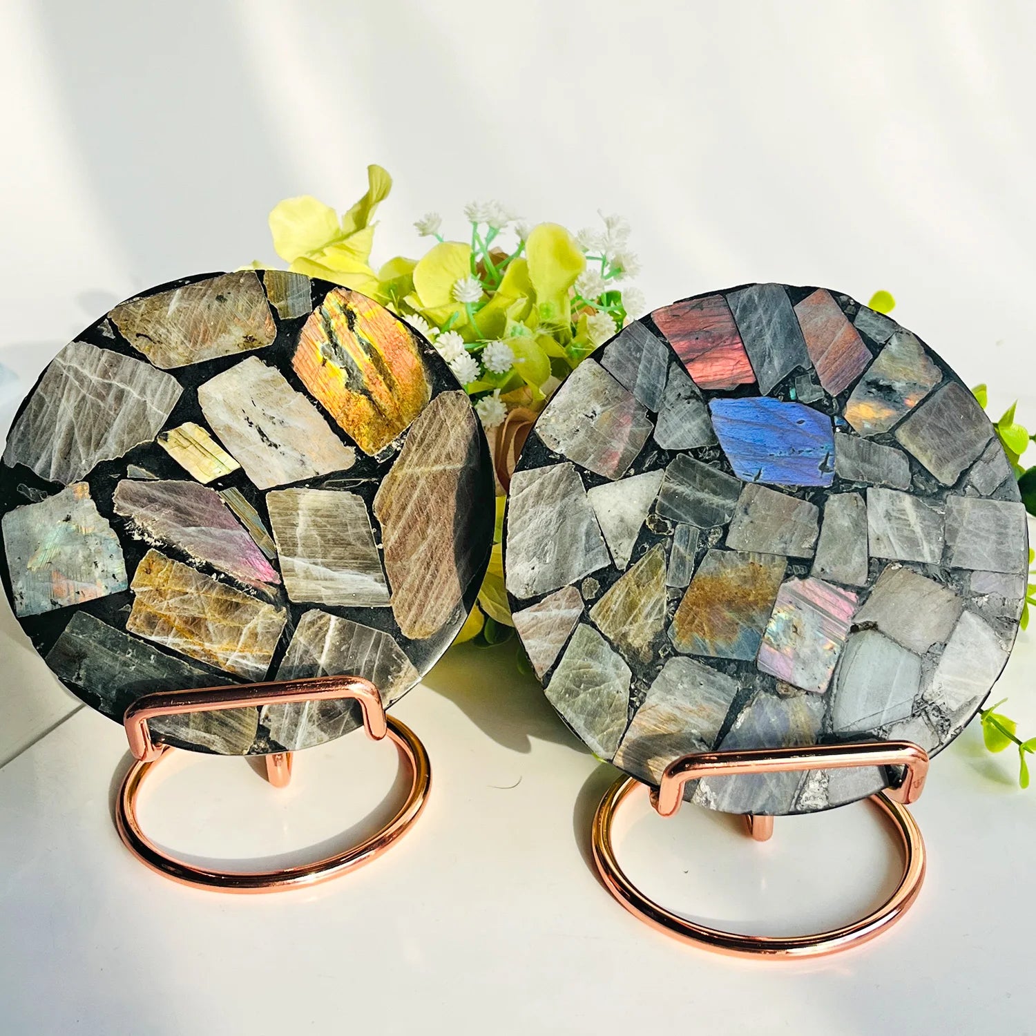 Wholesale Natural Healing Stone Colorful Labradorite Round coaster Gemstone Polished Labradorite Slab for Sale