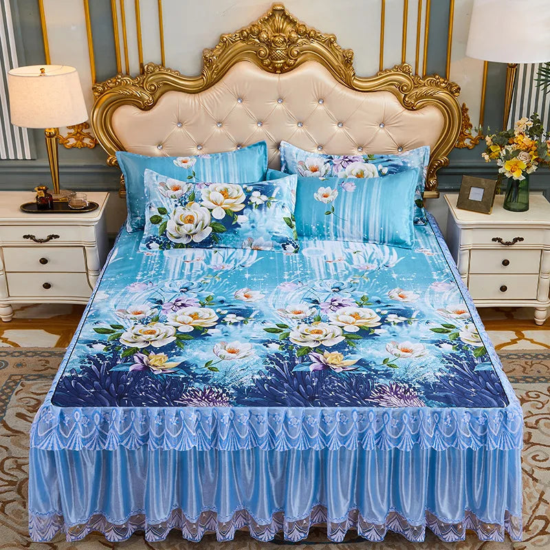 Romantic Lace Bed Skirt Home Luxury Bedding Set of King Queen Size Bed Ice Mat Folding Embroidered Sheets Bedspread with Skirt