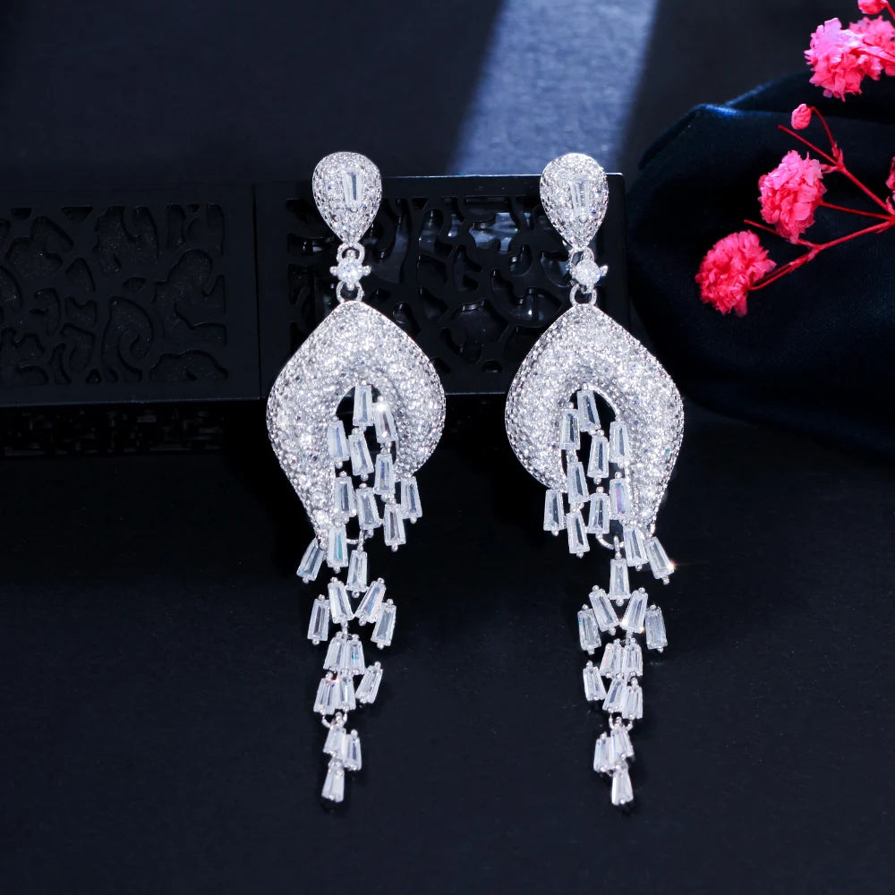 Noble Tassel Style Micro Cubic Zirconia Paved Long Big Dangle Evening Party Earrings for Women Wedding Jewelry MegaBDM