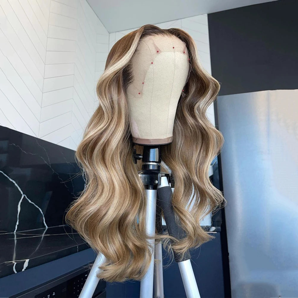 European Virgin Human Hair Highlight Brown Blonde Color Cuticle Aligned Lace Front Wigs