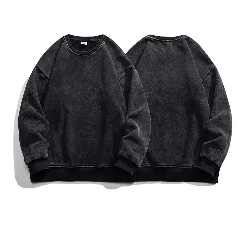 AI-MICH 360G Fleece O-Neck Washed Distressed Retro Glossy Embroidered Solid Pattern Pullover Eco-Friendly Men Women Winter