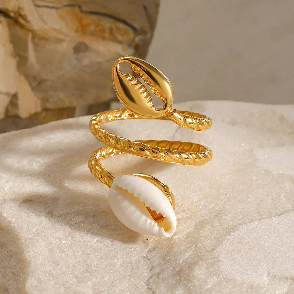 Ocean Style Jewelry 18k Gold Plated Shell Shaped Fashion Stainless Steel Open Rings for Summer