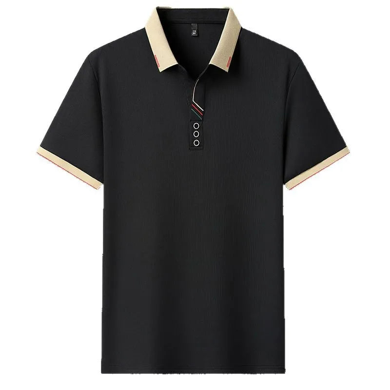 2025 Summer Men's Casual Short-Sleeved Ice Silk for Polo Shirt Breathable V-Neck Scissors Collar with Solid Pattern Blank Design