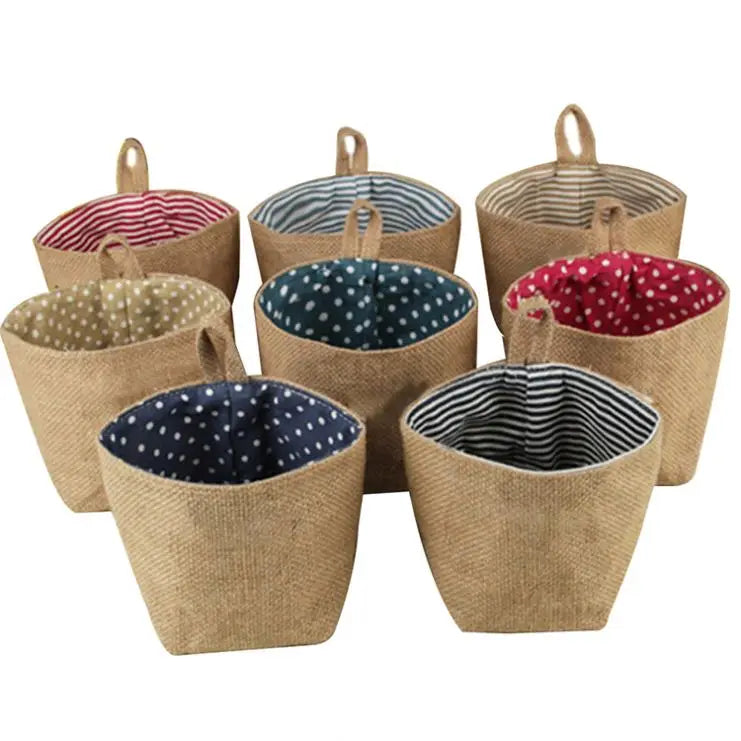 New Arrival Hanging Basket Cotton Linen Pot Small Sack Hanging Type Dot Stripe Storage Basket Storage Hanging Bag