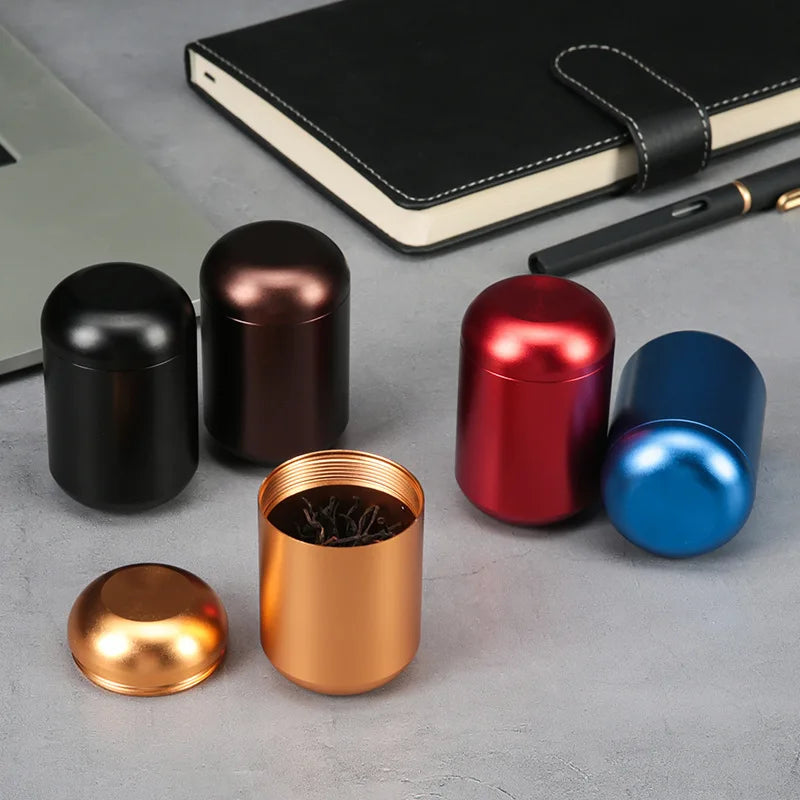 Wholesale Gold Screw Airtight Capsule Shape Red Tin Box Chinese Green Coffee Tea Tin Colorful Small Aluminum Tin for Tea