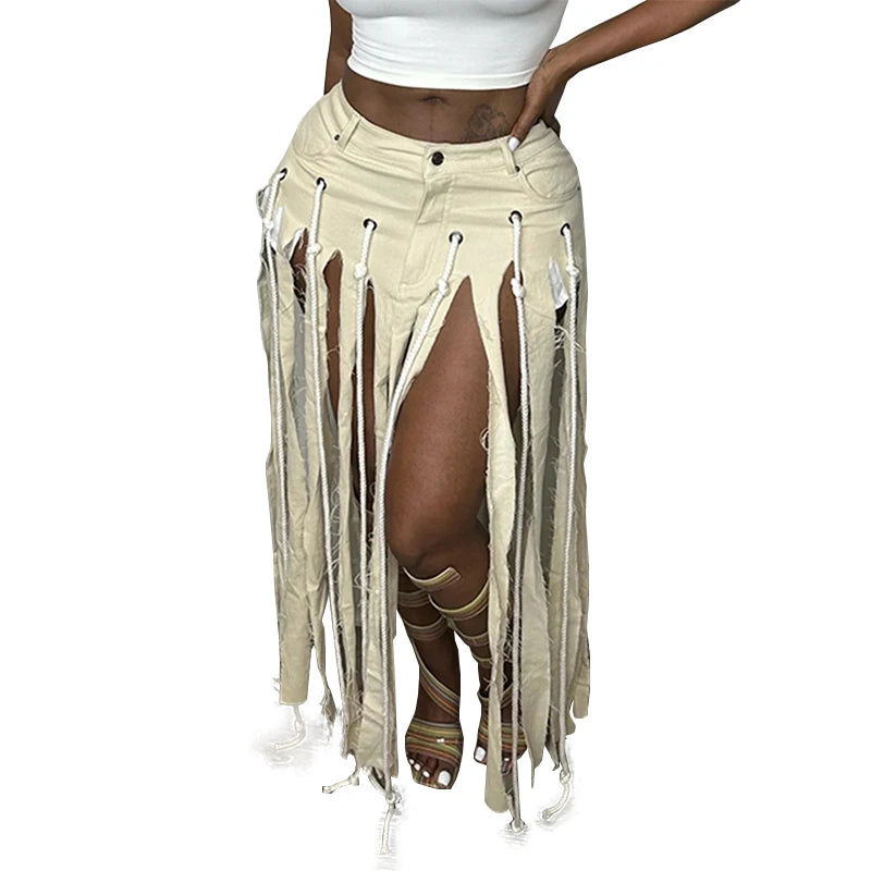 Wholesale Ready to Ship New Fashion Summer Cotton Women'S Long Skirts Ripped Tassel Designer White Skirts for Women 2023