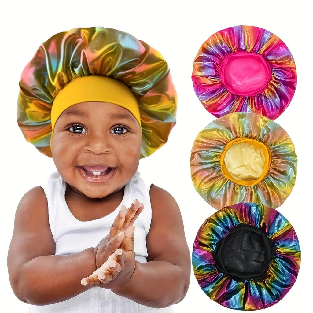 Wholesale Children's Wide-brimmed Sleep Hat Hair Accessories Large Bonnet Laser Sleep Cap Bonnets Elastic Band Turbans Satin Cap