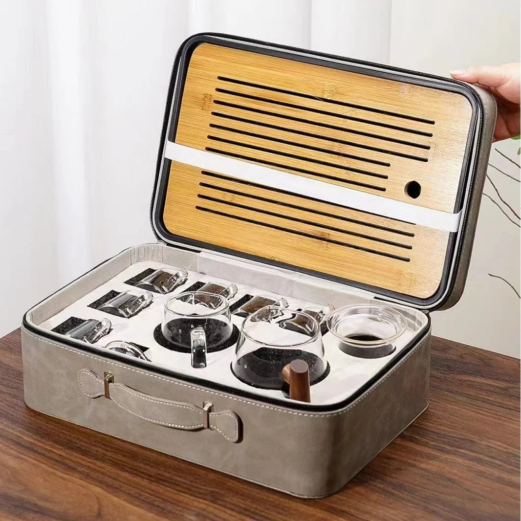 Portable European Design Travel Tea Set with Tea Tray Quick Cup and Ceramic Glass Outdoor Holiday Gift Set