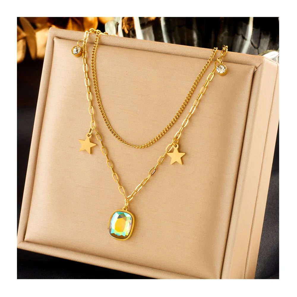 2023 New Tarnish Free 18k Gold Plated Stainless Steel Square Crystal Pendant Fashion Jewelry Necklaces for Women