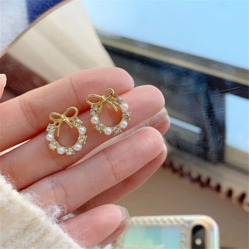 Pendiente Korean Temperament Lovely Bowknot Pearl Stud Earrings Individual Character Hoop Earring 2022  Jewelry Female