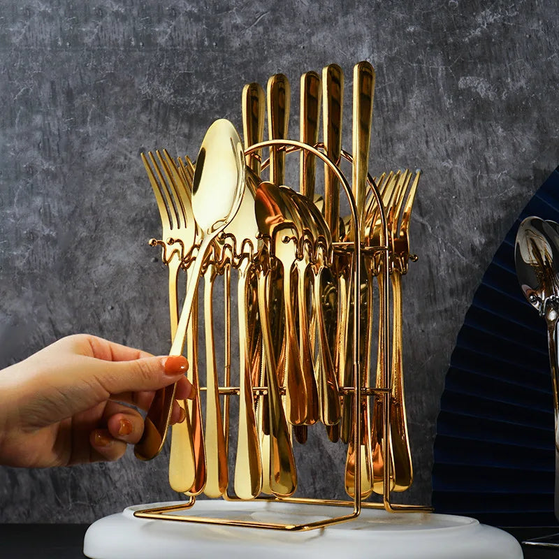 LOW MOQ 24pcs Stainless Steel Dinnerware Knife Fork Spoon Teaspoon Gold Cutlery Stand for Wedding