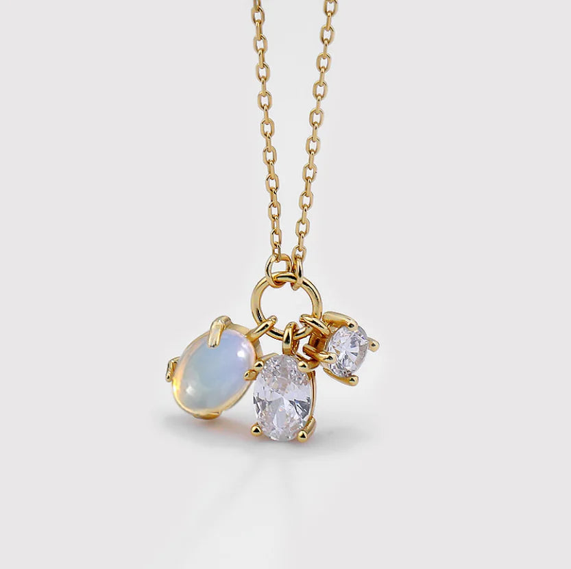 New Design Vintage 925 Sterling Silver Necklace Tear-Drop Shaped Zircon Moonstone Dangle Choker Necklace